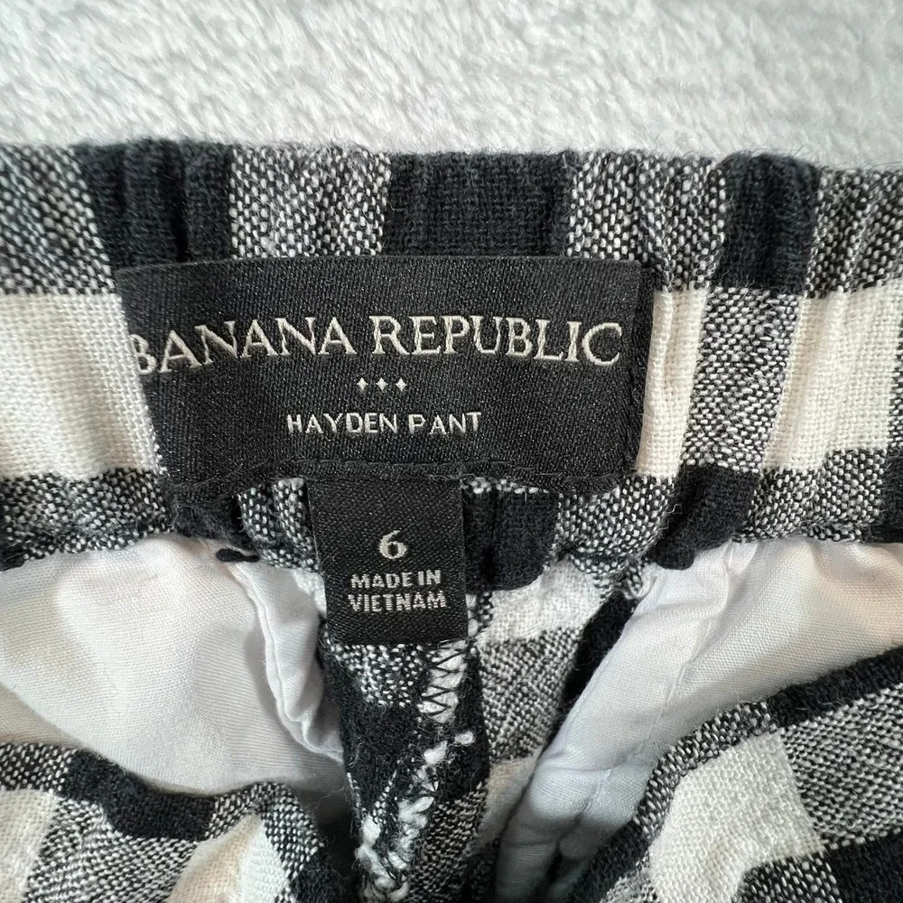 Banana Republic Hayden Pant Women 6 Linen Black White Gingham Ankle Tapered